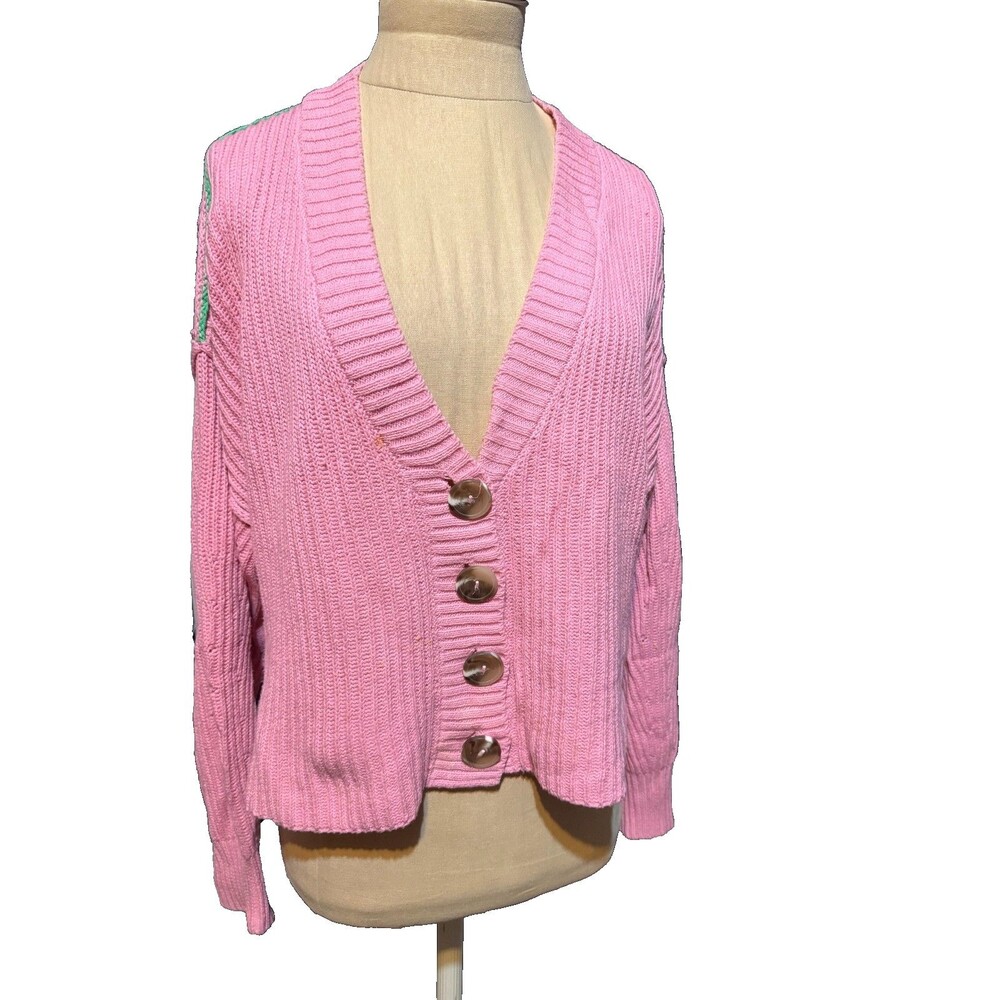 BDG Urban Outfitters Oversized Cropped Cardigan Pink Green Trim Slouchy XS